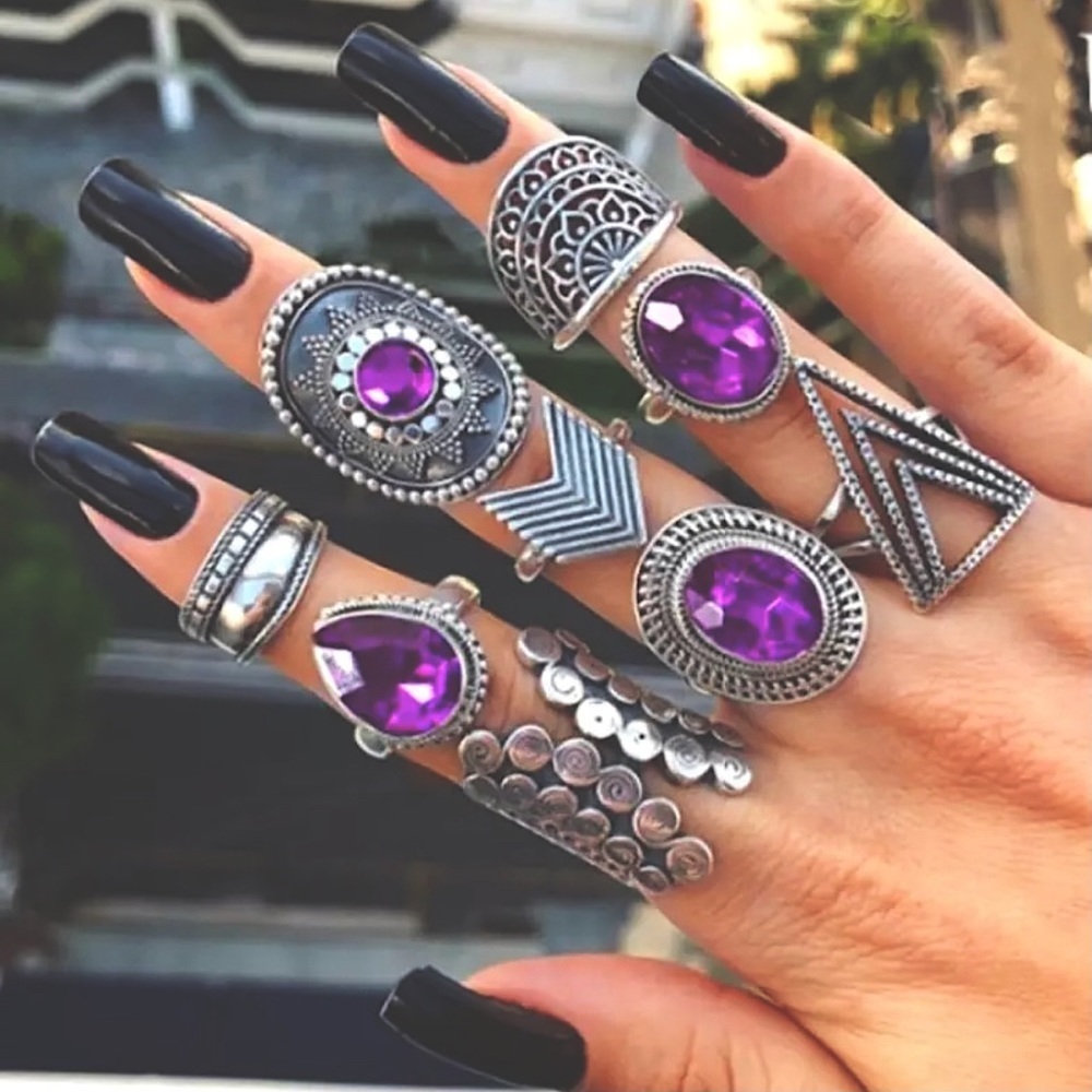 Bohemian Purple Stone Silver Tone Ring Set 9pc
